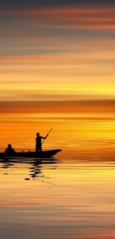 Silhouette of canoe at sunset reflected on calm waters.