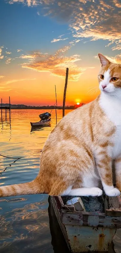 Cat sits on a boat at sunset over a tranquil lake.