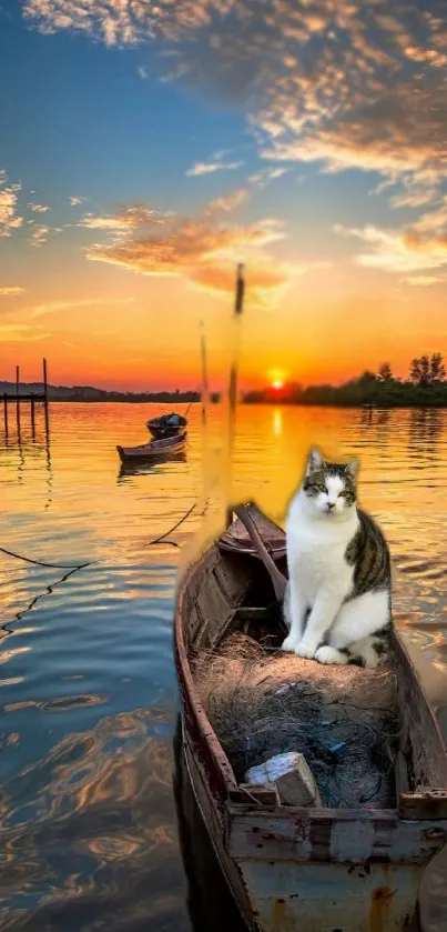 Cat sitting on a boat during a lake sunset with vivid colors.