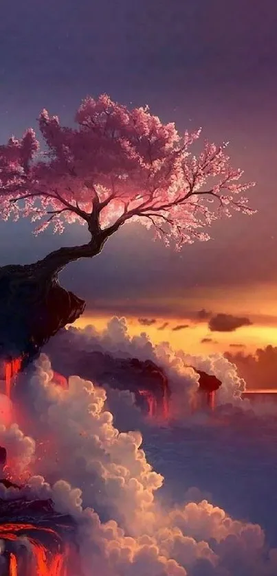 Cherry blossom tree on cliff with sunset sky