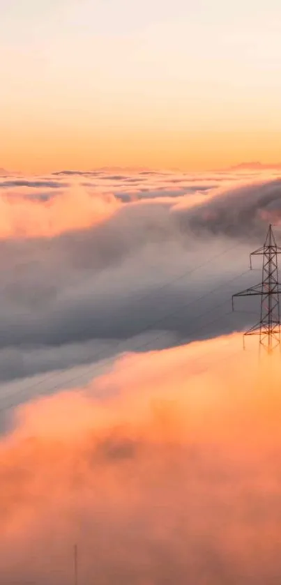 Sunset cloudscape with an industrial tower emerging through softly colored peach clouds.