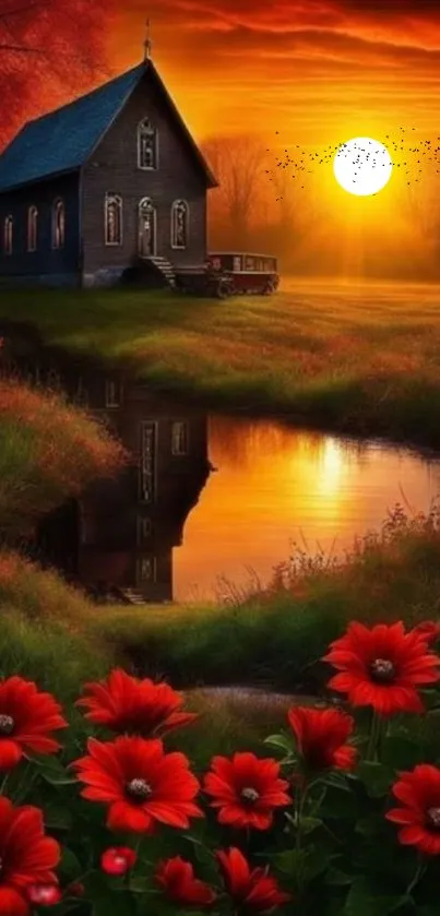 Serene sunset behind a cottage with red flowers and water reflection.