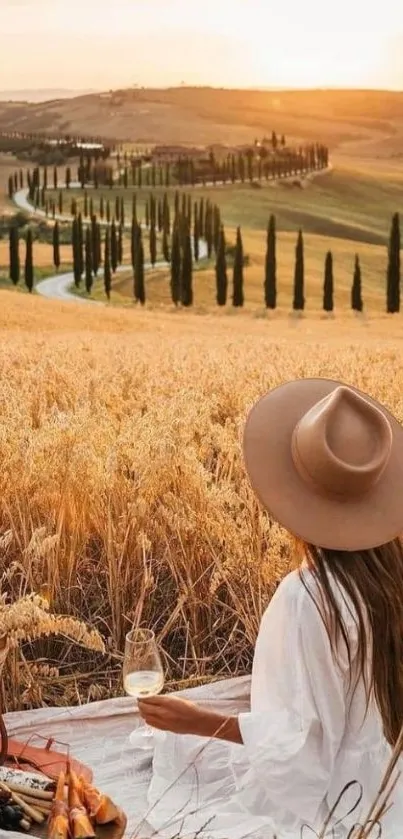 Woman enjoying a serene sunset in a golden countryside field.