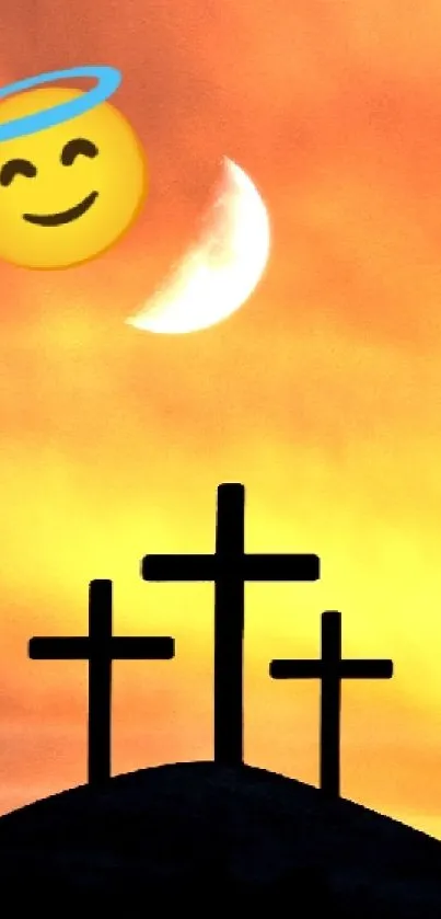 Three crosses silhouetted against an orange sunset, with a smiling halo emoji.