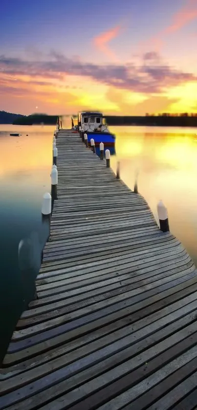 Wooden dock stretching into a serene sunset over calm waters.