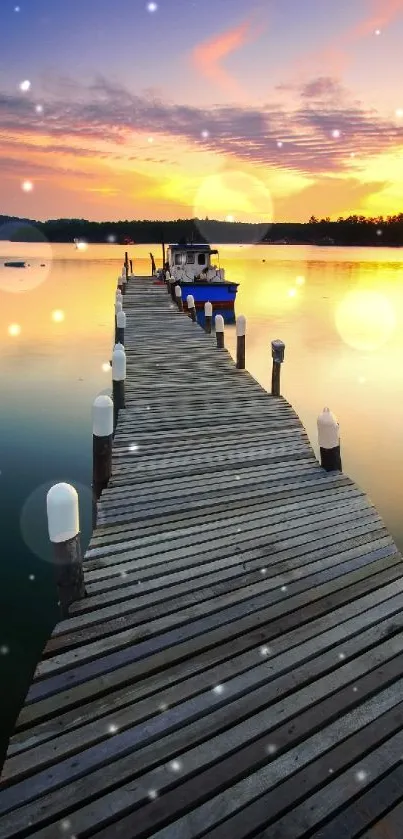 Serene sunset over dock and calm waters.