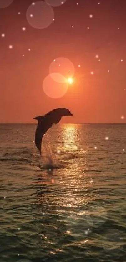 Dolphin leaping at sunset over a calm ocean, creating a serene mobile wallpaper.