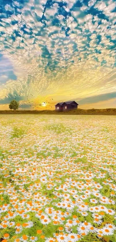 Sunset over daisy field with vibrant sky and distant house.