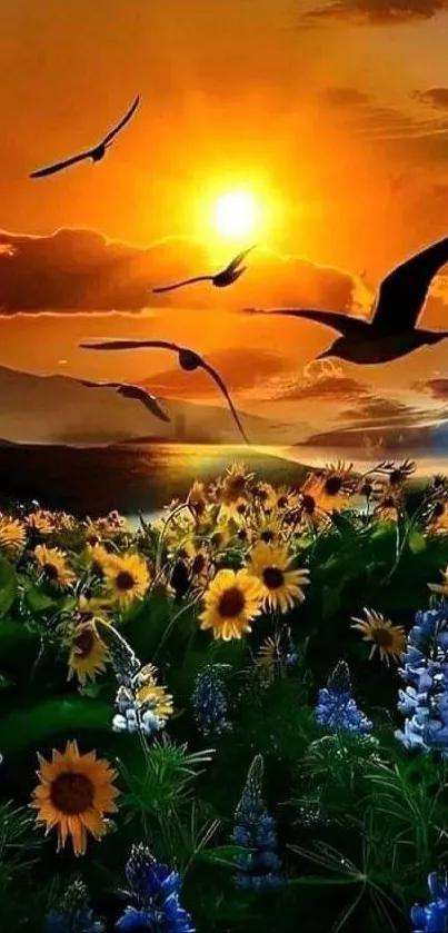 Stunning sunset with flying birds over a field of wildflowers.