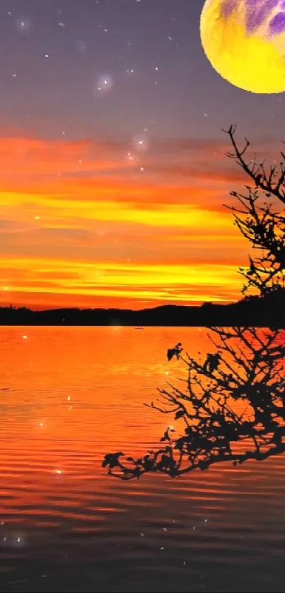 Silhouette fishing at sunset by a lake with an orange sky and large moon.