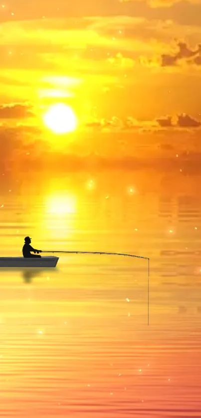 Silhouette of a fisherman during a golden sunset on a calm lake.