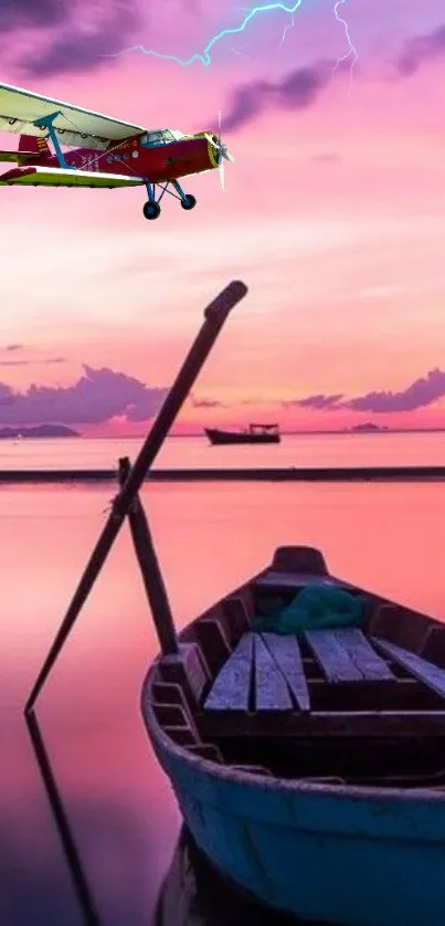 Mobile wallpaper featuring a sunset sky, boat, and vintage airplane.