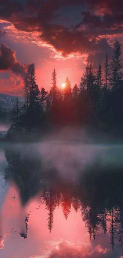 Beautiful sunset over forest reflecting in still lake.