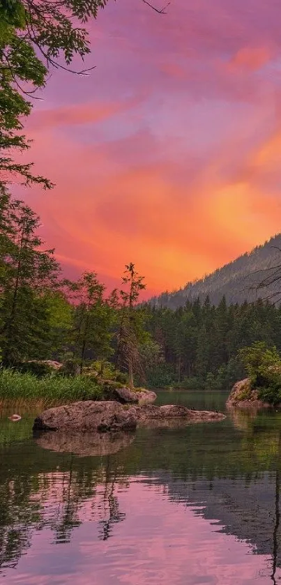 Serene sunset over forested lake with vibrant pink sky.