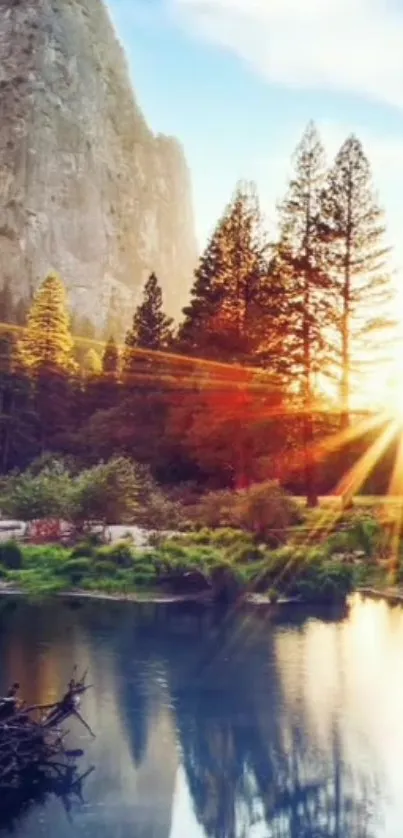 Beautiful sunset over forest and lake with sun rays shining through trees.