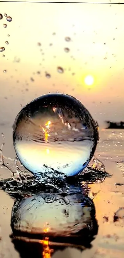 A glass sphere reflects a sunset over a calm waterfront, encased in splashing water.