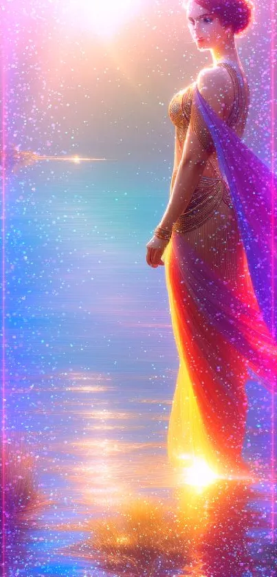 Enchanting goddess at sunset by a serene lake with vibrant colors.