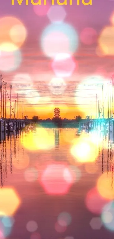 Mobile wallpaper of a sunset harbor with purple sky and yacht reflections.