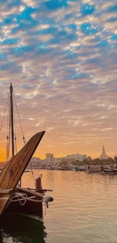 Traditional boats under a vibrant sunset sky, reflecting calm water in a serene harbor.