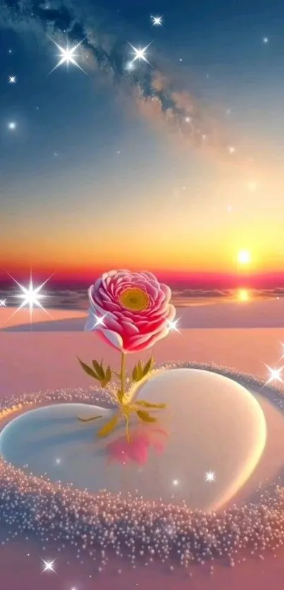 Heart-shaped pool with flower against sunset.