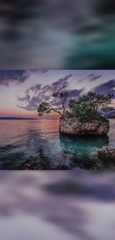 Serene island view at sunset with vibrant sky and ocean.