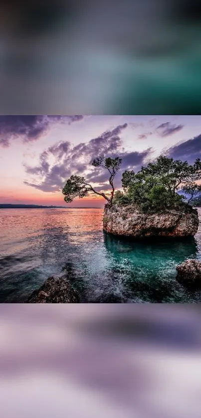 Serene island with vibrant sunset and ocean view in calming, natural colors.