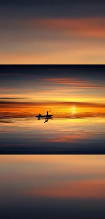 Kayaker at sunset on calm waters with warm orange hues.