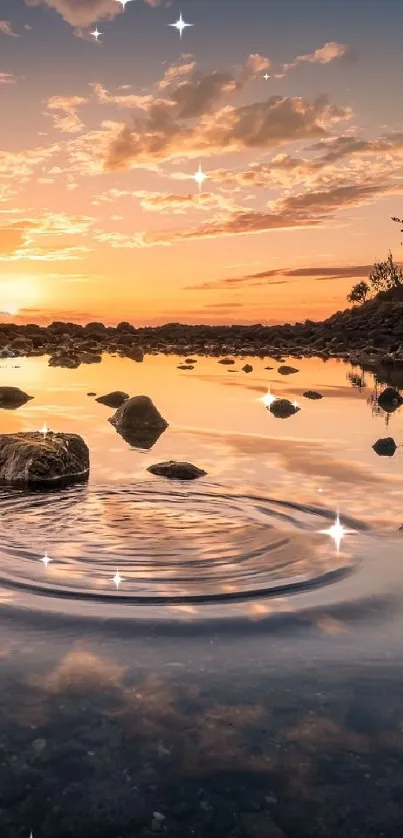 Serene sunset reflecting over calm lake with trees and rocks.