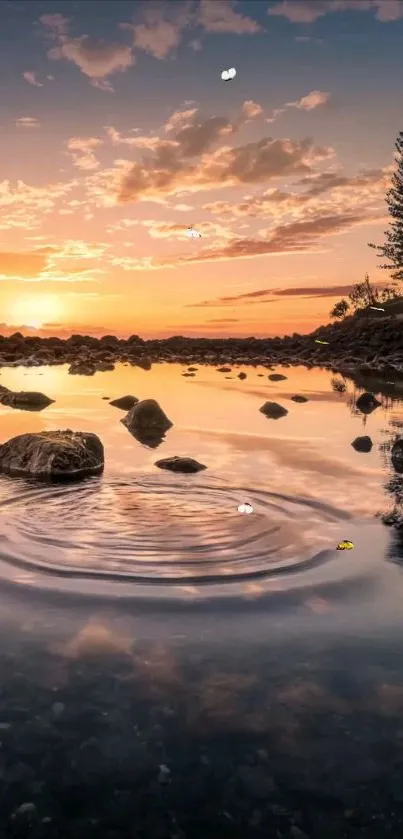 Serene sunset over lake with reflection.