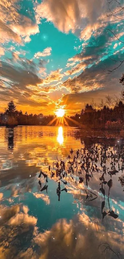 Vibrant sunset reflected over a peaceful lake.