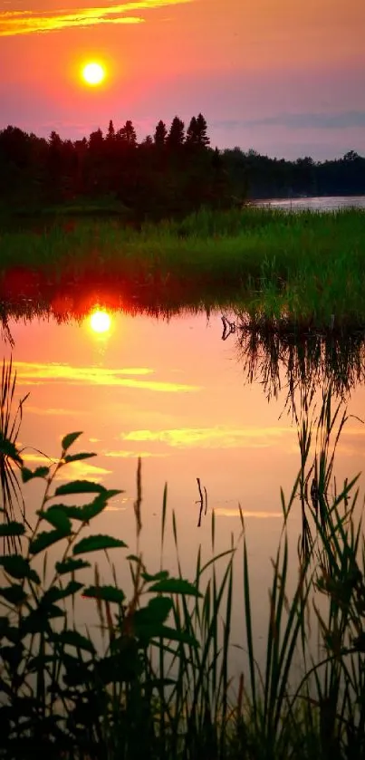 Vibrant sunset reflecting over a peaceful lake.