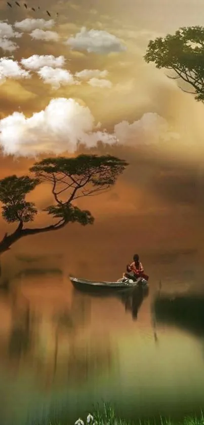 Lone person boating on a serene lake at sunset with trees and clouds reflecting.