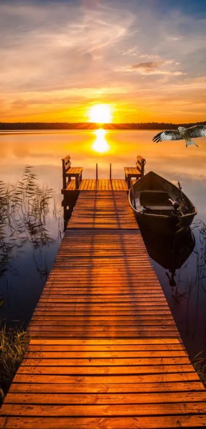 Tranquil sunset over a calm lake with a wooden dock.