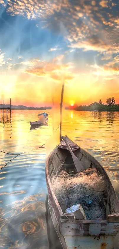 A serene sunset over a calm lake with boats and vibrant colors reflecting on the water.