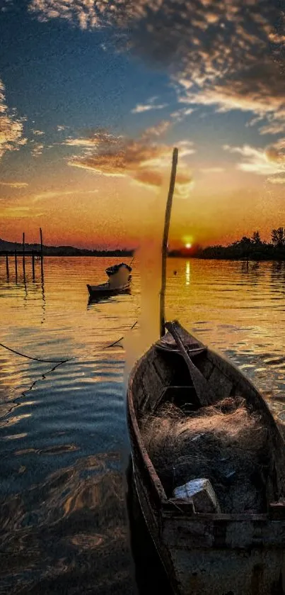 Rustic boats on a tranquil lake at sunset with orange and blue hues.