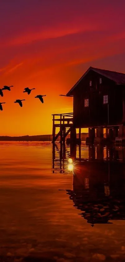 Mobile wallpaper of a sunset over a lake with birds and a rustic house.