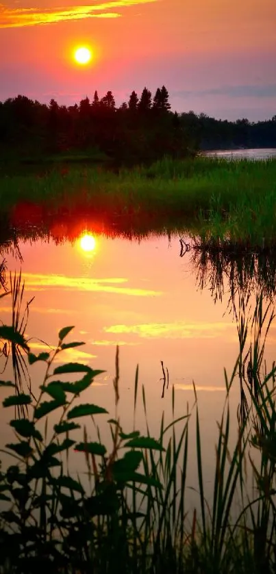 Peaceful lake at sunset with vivid reflections in orange and green hues.