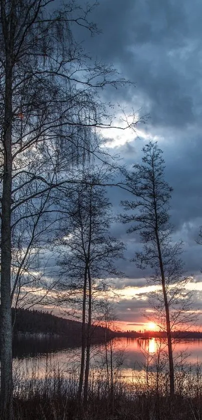 Serene sunset over lake with silhouetted trees reflecting on water.