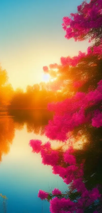 Serene sunset over a lake with pink flowers and reflections.