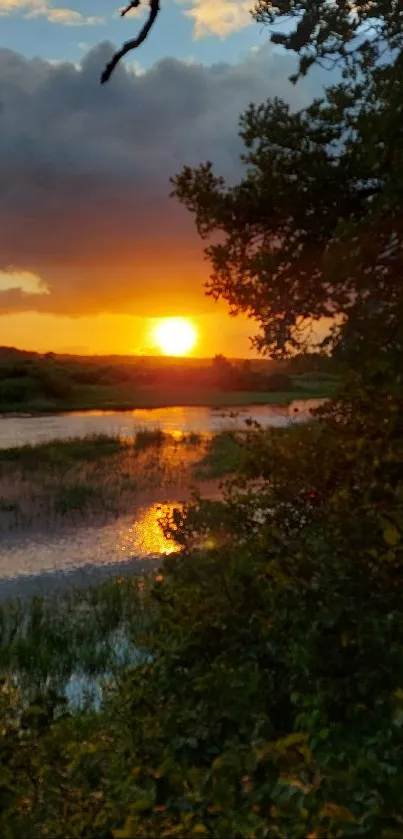 A serene sunset over a tranquil lake, reflecting vibrant colors and lush surroundings.