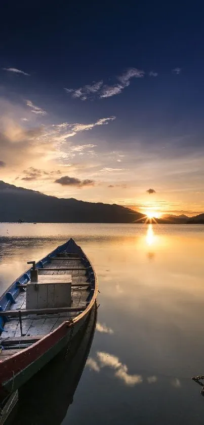 Serene lake at sunset with a solitary boat and reflective waters.