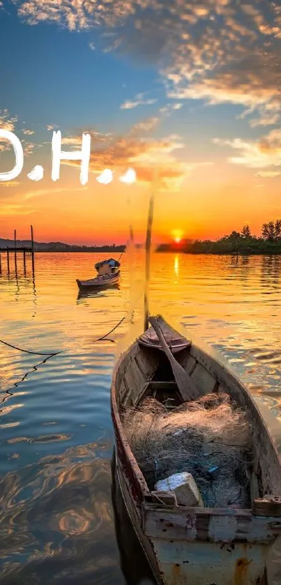 A serene sunset over a lake with boats and orange reflections.