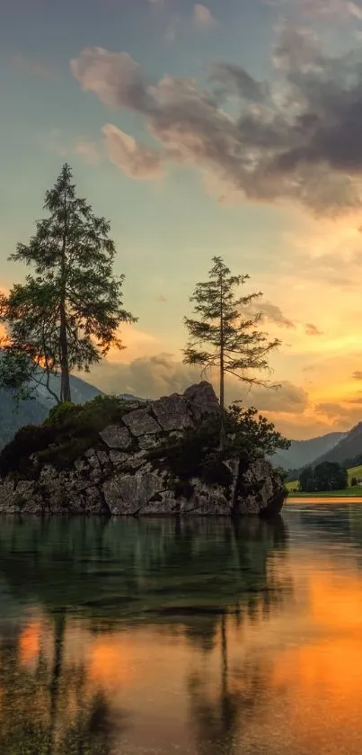 Serene sunset over a reflective lake with silhouetted pine trees and mountains in the background.