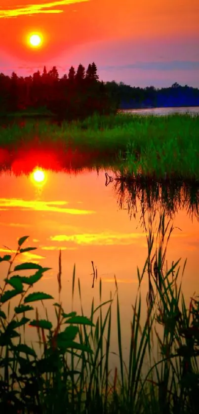 Peaceful sunset over a calm reflective lake with vibrant orange hues.