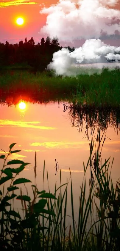 Serene sunset view over a reflective lake with lush foliage.