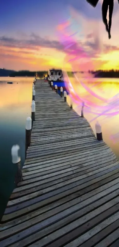 Wooden pier at sunset with purple hues over a calm lake.