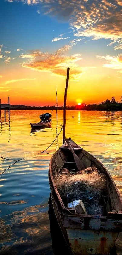 Boat on a serene lake during sunset with vibrant orange hues.