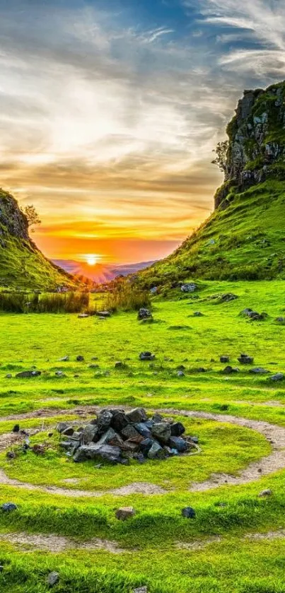 Serene green hills and sunset sky landscape wallpaper.