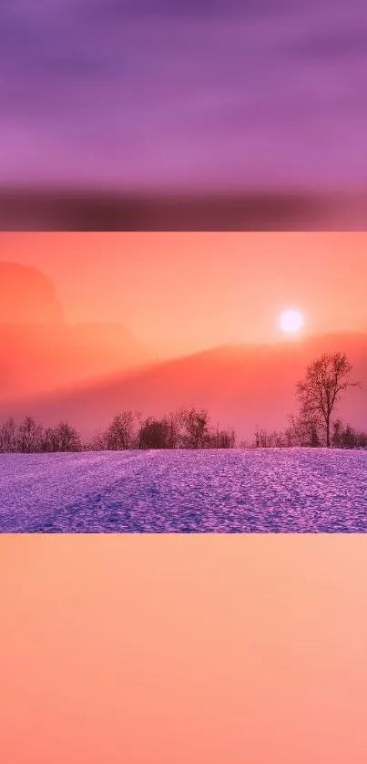 Serene sunset landscape with orange sky and purple mountains.