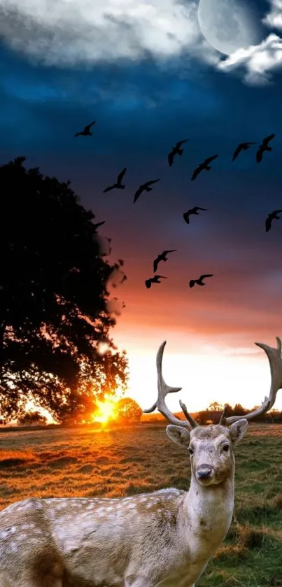 Mobile wallpaper of a serene sunset with a silhouetted tree.